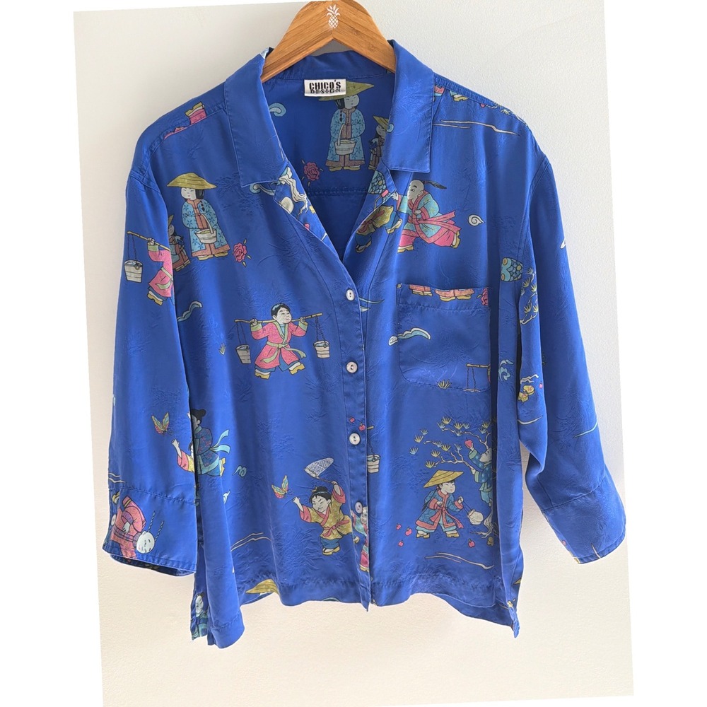 Chicos Design Blue‎ Silk Novelty Print Blouse Asian Figures Floral Jacquard Top